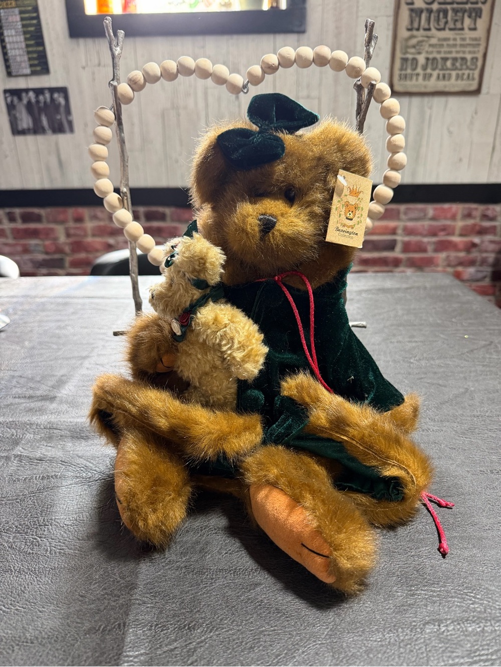 Bearington Holly Plush Brown Teddy Bear in Green Dress -  very collectible